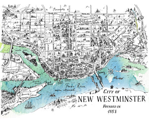 City of New Westminster, BC Map - Watercolour Print