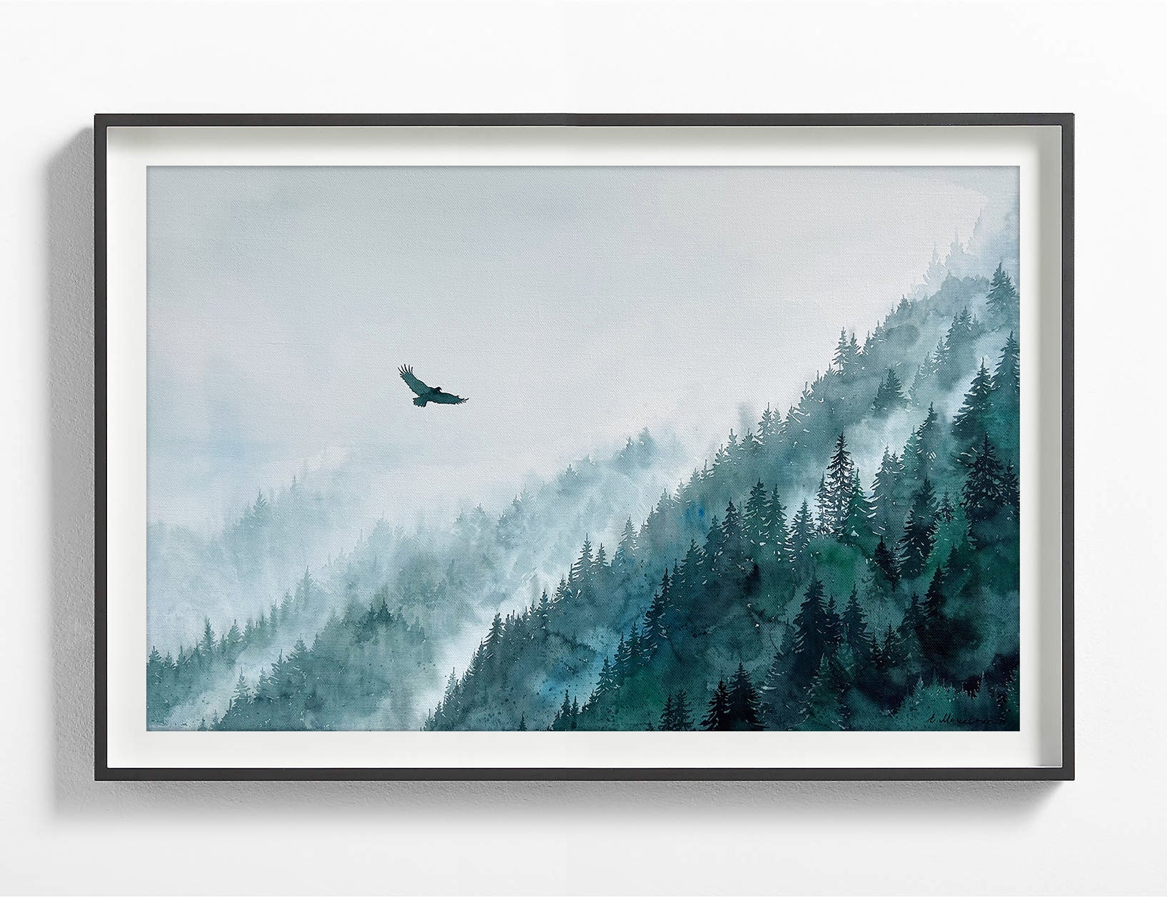 "Over the Misty Mountains" Eagle flying over Forest Watercolor Art Print