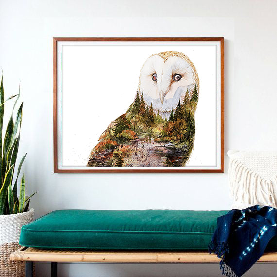 "Soul Light" Barn Owl Watercolor Art Print - Double Exposure Spirit Animal Painting