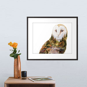 "Soul Light" Barn Owl Watercolor Art Print - Double Exposure Spirit Animal Painting
