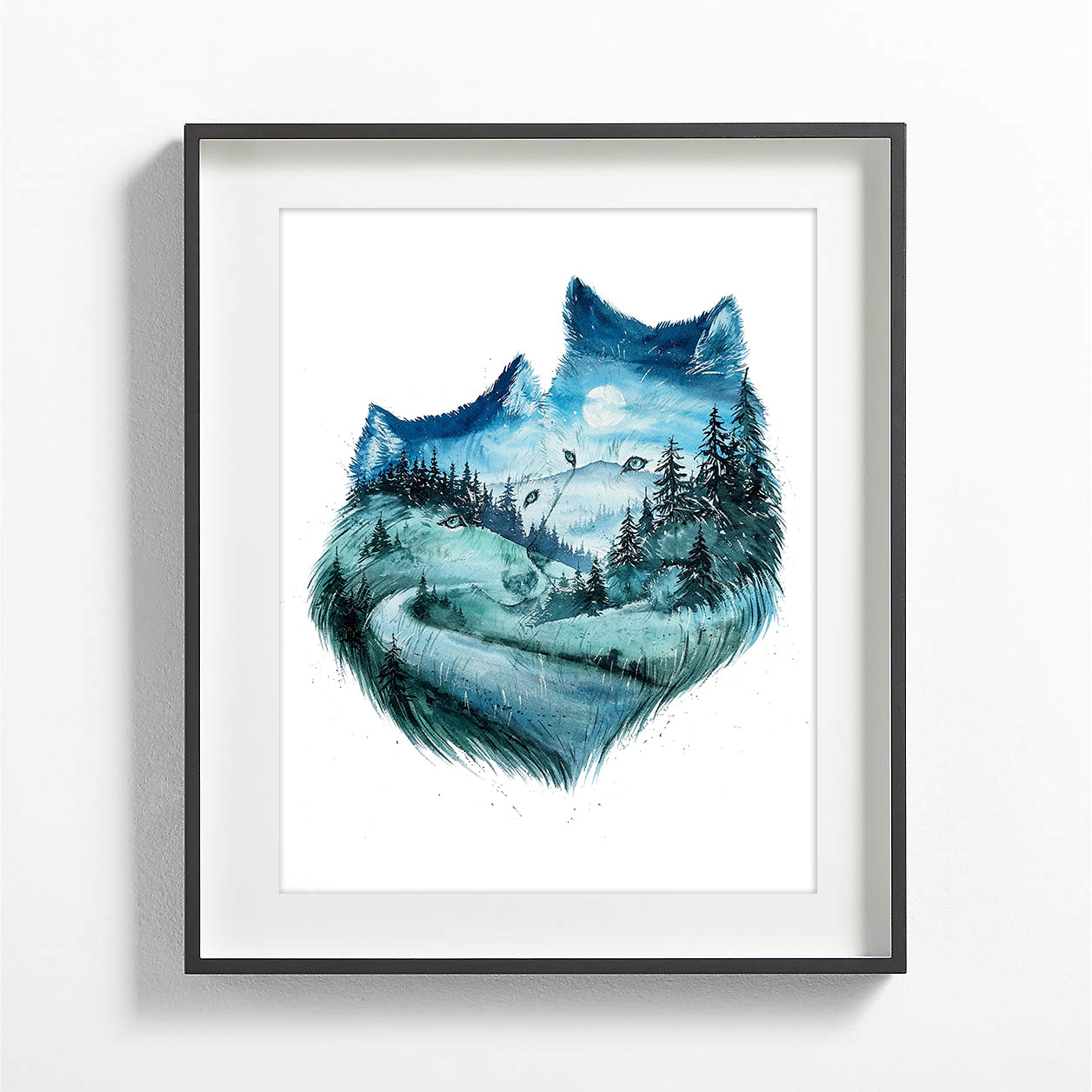 "Soulmates" Wolf Couple Watercolor Art Print - Double exposure Fog Mountains Forest Painting