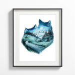 Load image into Gallery viewer, &quot;Soulmates&quot; Wolf Couple Watercolor Art Print - Double exposure Fog Mountains Forest Painting
