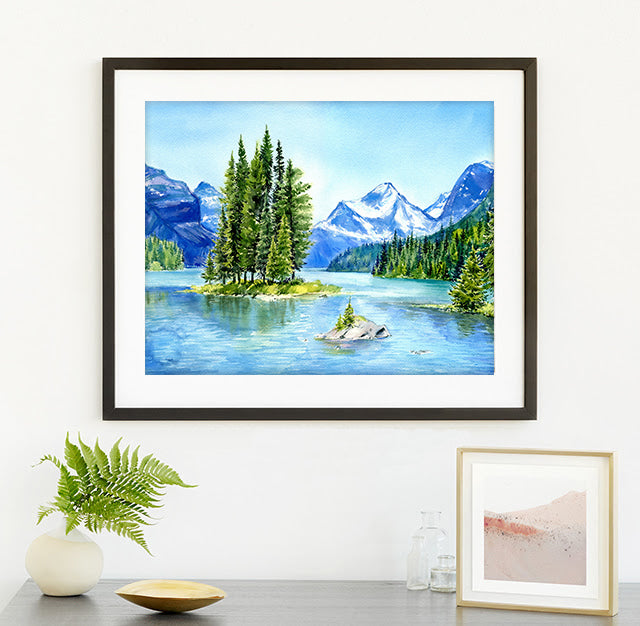 "Spirit Island" Maligne Lake, Jasper National Park - Mountain Watercolor Art Print