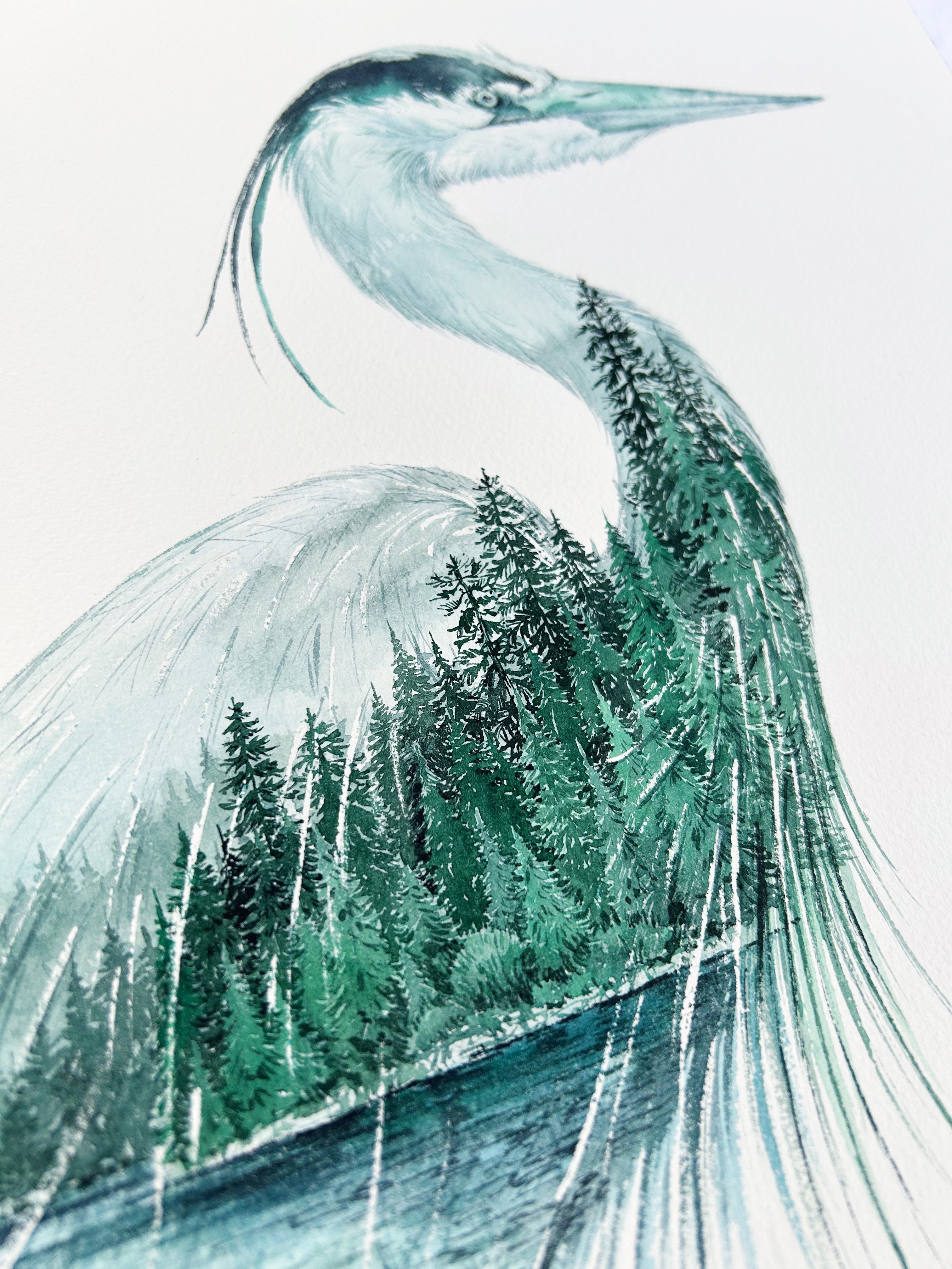 "Standing Still" Great Blue Heron Watercolor Art Print - Double exposure Fog Mountains Forest Painting