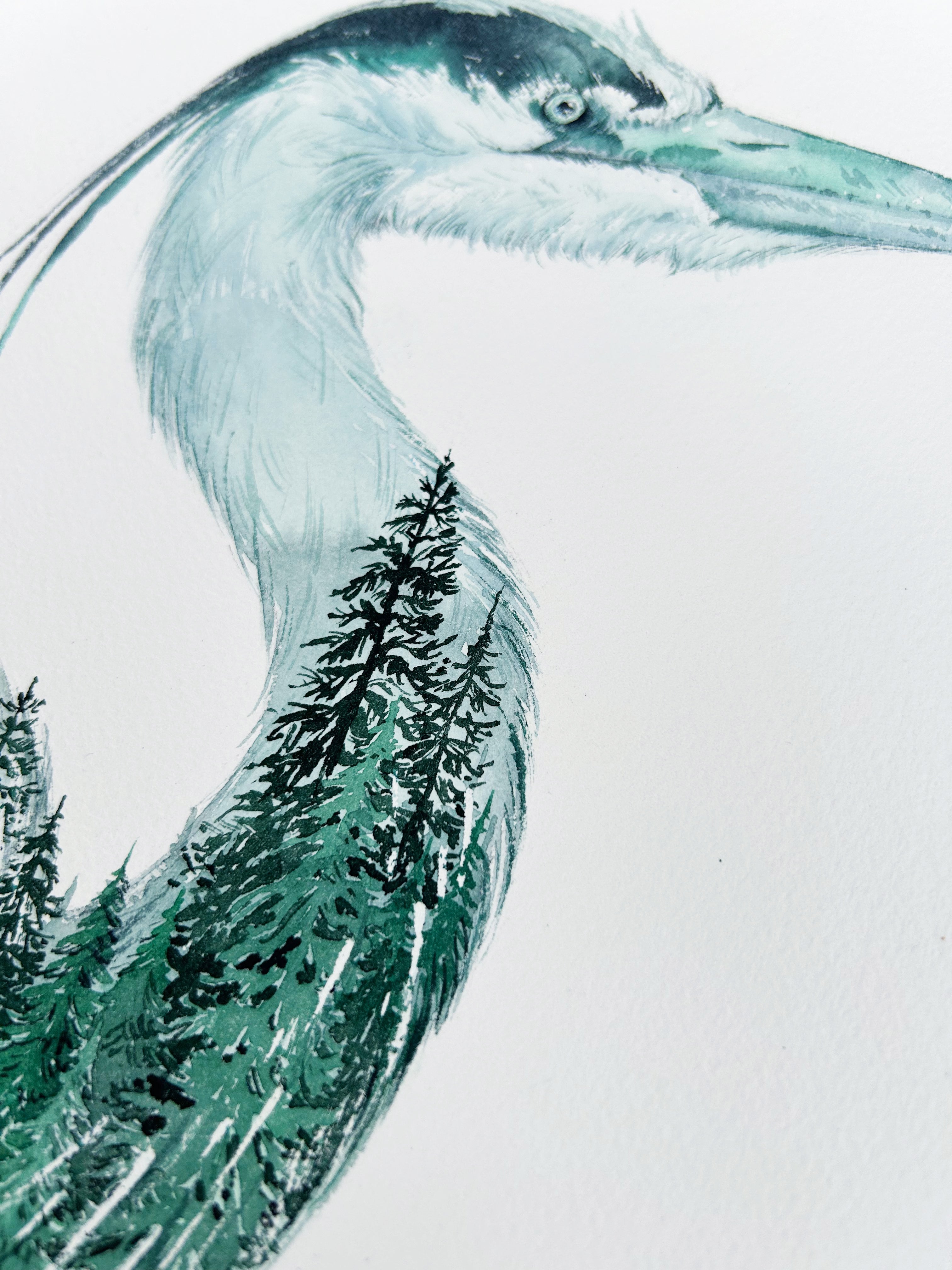 "Standing Still" Great Blue Heron Watercolor Art Print - Double exposure Fog Mountains Forest Painting
