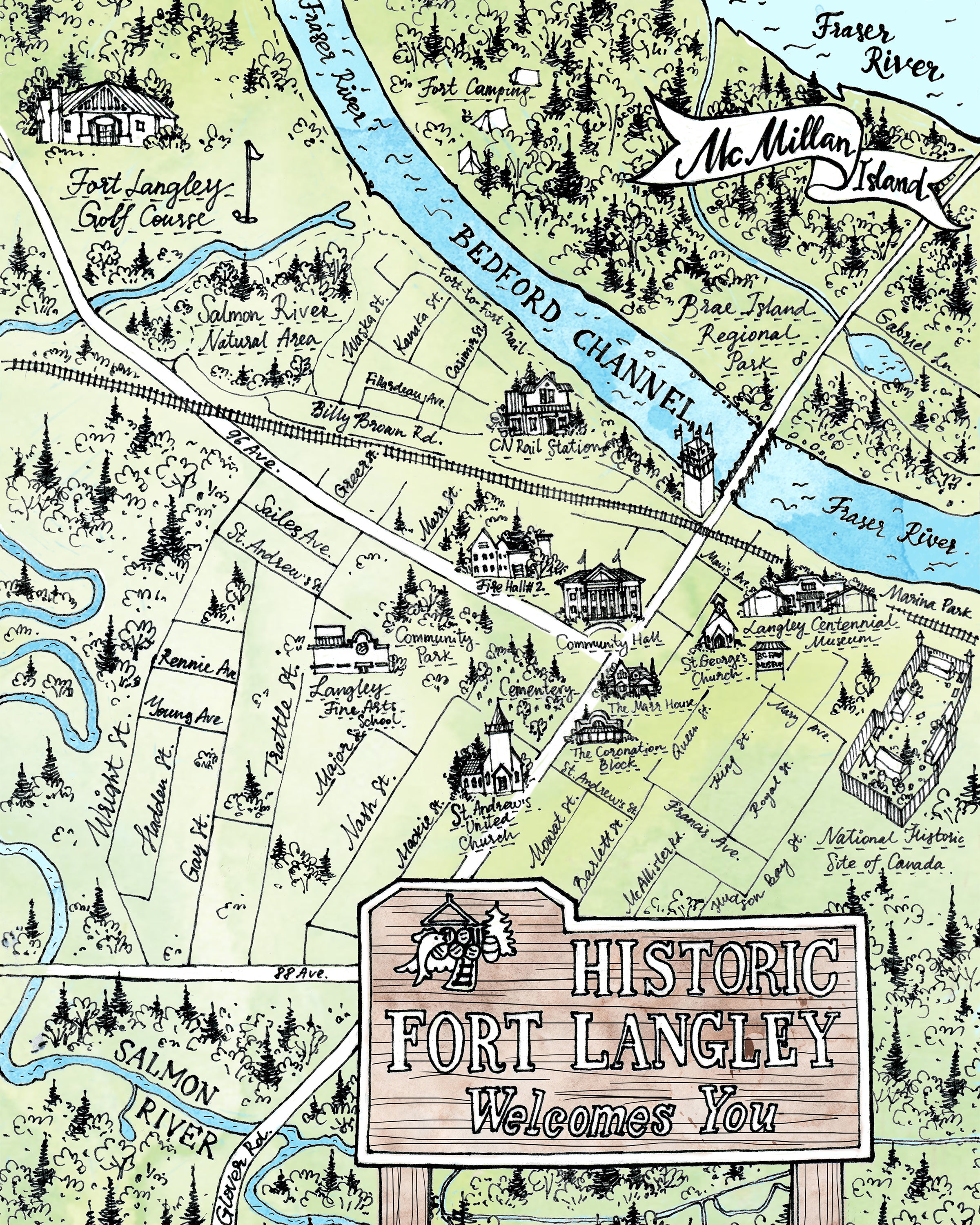 City of Fort Langley, BC Map - Watercolour Print