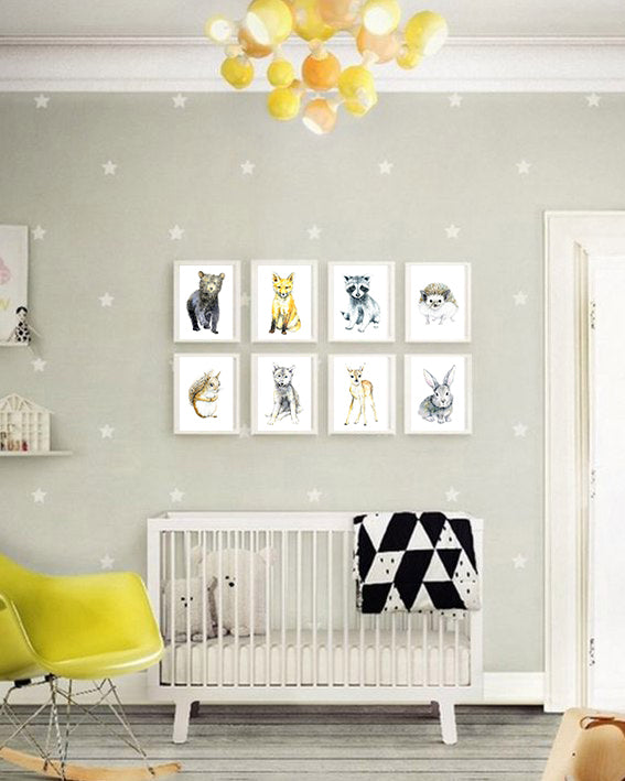 Woodland Baby Animal Nursery Art Prints - Set of 3 - Baby Squirrel, Baby Hedgehog, Baby Bunny
